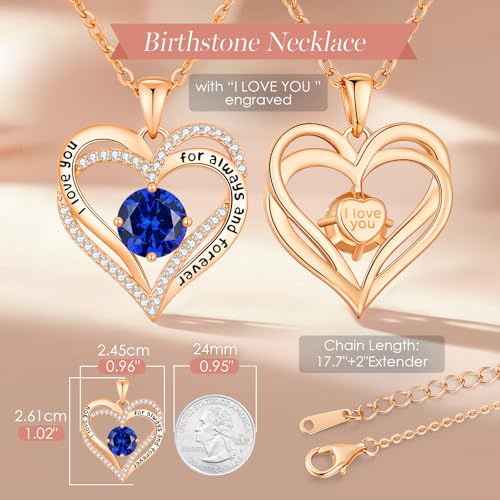 CDE Engraved Forever Love Heart Birthstone Necklace Jewelry Gifts for Women | Hypoallergenic,Nickel-Free & Lead-Free,3 x 3 mm 5A CZ Heart Pendant,Anniversary Christmas Birthday Gift for Girlfriend Wife - color: Birthstone-09-Sept, style: Rose Gold Plated-