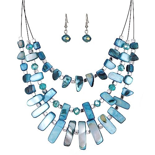 3 Layered Chunky Statement Necklace for Women Beaded Strand Necklaces with Earring Fashion Costumes Collar Necklace Jewelry Sets Gifts for Women - color: 50-Peacock Blue