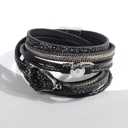 Artilady Leather Wrap Bracelets for Women - Pearl Bracelets Handmade Clasp Bangle Bracelet with Beads Jewelry Gift for Women and Mother - style: Black with druzy