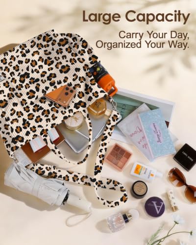 Miss Adola Crossbody Corduroy Tote Bag for Women, Large Tote Bag with Multi-Pockets and Zipper for Travel Work - color: Classic Leopard
