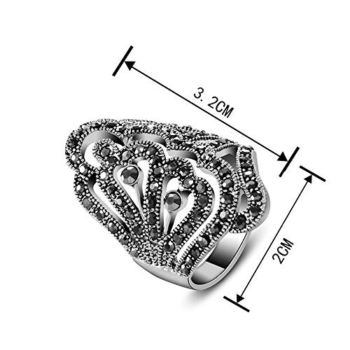 Women's Black Rings Vintage Rings Statement Rings for Women Band Marcasite Crystal Rings for Women - color: Silver4