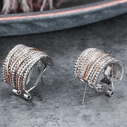 Mytys Two Tone Earrings for Women Gold and Silver Crossover Half Hoop Statement Earring Designer Stud Earrings - color: Rose Gold & Silver