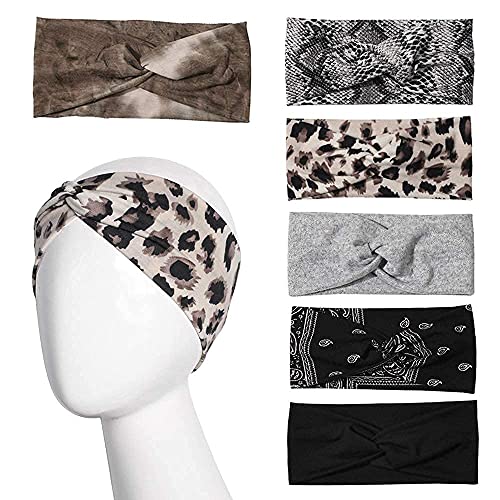 Artilady 6 Pack Wide Boho Headbands for Women - Soft Yoga Elastic Hair Bands for Girls Workout Running Sport Headwrap Non-slip Breathable (Printed) - color: 6pcs Leopard