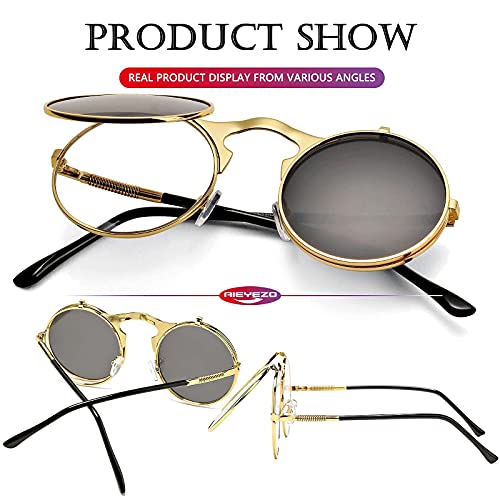 AIEYEZO Round Flip Up Sunglasses for Men and Women Rave Flip Glasses 90's Retro Steampunk Style - color: A1 Gold/Grey
