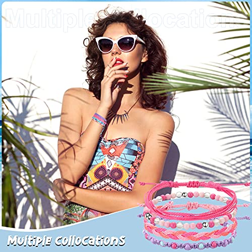 Hicarer 24 Pieces Boho Surfer Bracelet Anklet Friendship Bracelet Adjustable Beaded Handmade Braided Summer String Colorful Beach Jewelry for Women Party Favors