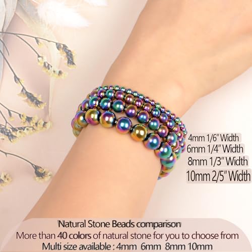 LPBeads Handmade Natural Gemstone Stretch Elastic Bracelet Healing Crystal Round Stone Beads Jewelry Gifts for Women Men - color: Rainbow Coated Hematite, size: 8mm