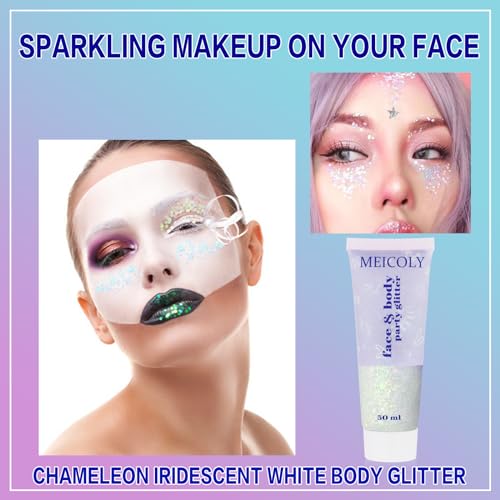 MEICOLY Chameleon Iridescent White Body Glitter,Holographic Face Glitter Paint Ice Themed Aerial Performance,Self-Adhesive Color Changing Mermaid Hair Glitter,Opal Glitter for Hair,Festival Party - color: chameleon iridescent white body glitter
