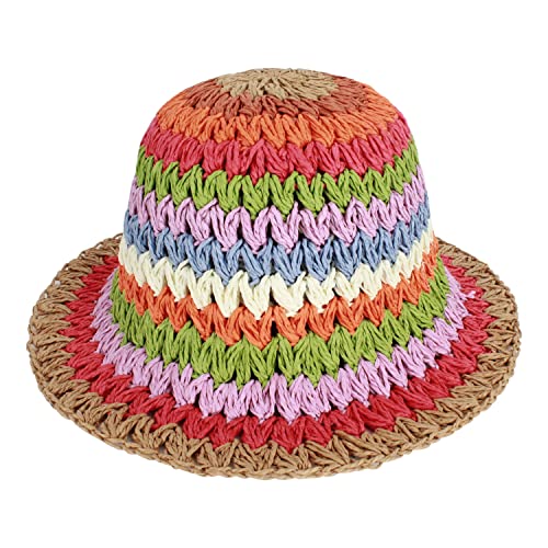 Women Straw Sun Hat Floral Woven Crochet Bucket Hat Y2k Aesthetic Accessories Beach Hat Hand Woven Boho Foldable Cap - color: Striped a