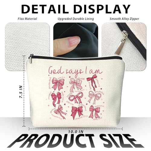 God Says I Am Pink Christian Makeup Bag, Coquette Pink Bow Preppy Cosmetic Bags for Women, Inspirational Christian Gifts for Women, Preppy Aesthetic Zipper Makeup Pouch - color: 01-God Says I Am