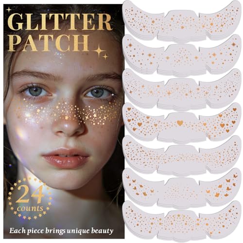 24pcs Glitter Freckles Makeup Patches-Gold-Face Speckle, Sparkle Speckles Patches for Women, Cute Golden Fake Freckles, Glitter Freckle Face Tattoo, Accessories for Musical Festival - color: 24Pack-Golden