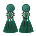 boderier Bohemian Statement Thread Tassel Chandelier Drop Dangle Earrings with Cassandra Button Stud - color: Deep Green