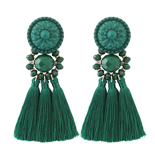 boderier Bohemian Statement Thread Tassel Chandelier Drop Dangle Earrings with Cassandra Button Stud - color: Deep Green