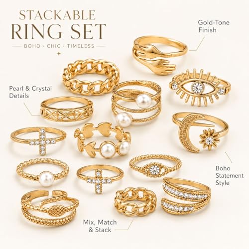 Gold Stackable Rings Set Moon Star Design Adjustable Rings for Everyday Wear Mid FingerPinky Ring Trendy Jewelry Gifts - color: L