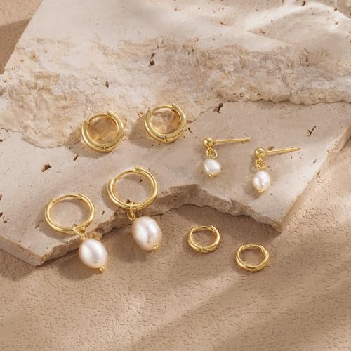 Pearl Earrings for Women, Gold Plated Huggie Hoop Drop Earrings | Hypoallergenic pearl hoop earrings designed for multiple piercings, cartilage styling and everyday wear - style: 4 pearl earring set