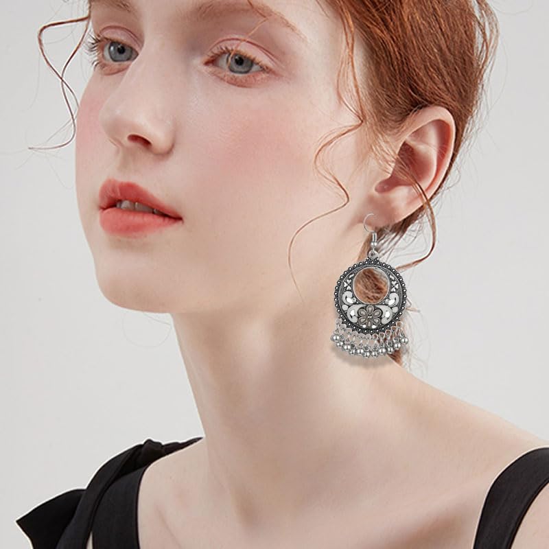 Vintage Boho Statement Drop Dangle Earrings for Women Bohemian Ethnic Handmade Beaded Charms Earring Bohemian Retro Chandelier Tassel Earrings Mexico Gypsy Jewelry Gift - color: O-Silver-White
