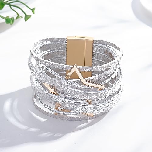 Long tiantian Leather Bracelets for Women Men Heart Wrap Bracelets Western Jewelry Cowgirl Outfits Birthday Gifts for Her - color: B9:silver leather bracelet