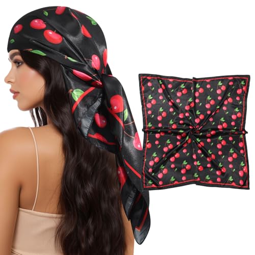 AWAYTR 35” Square Satin Head Scarf Hair Scarf for Women's Hair Silk Bandana for Women Silk Head Wrap for Sleeping - color: Cherry Black