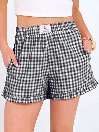 ANRABESS Boxer Shorts for Women,Gingham Plaid Elastic Waist Ruffle,Perfect for Lounge,Pajama&Sleep,Cute Casual Summer Bottoms - color: Black White Plaid, size: Small