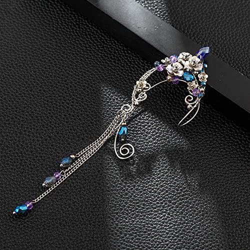 Elf Ear Cuffs, OwMell Handcraft Silver Pointed Fairy Elven Cosplay Fantasy Costume Bridal Wedding Earrings for Non Pierced Ears - style: Bule Tassel