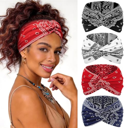 Wide Headbands for Women's Hair, 4 Pcs Hair bands – Vintage Turban Elastic Head Bands Adult Women Soft Head Wraps Knotted for Yoga & Workout – Summer Fashion Hair Accessories (red) - color: red