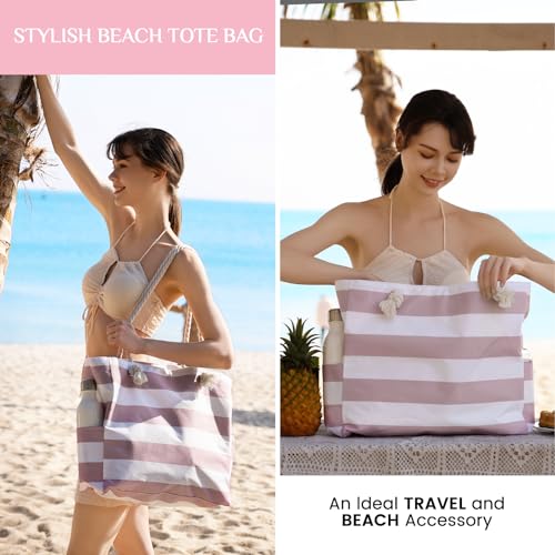 Clothirily Beach Bag for Women - Large Beach Tote Bag, Waterproof Sandproof Beach Bag with Zipper, Large Swim Pool Beach Tote - color: Pink