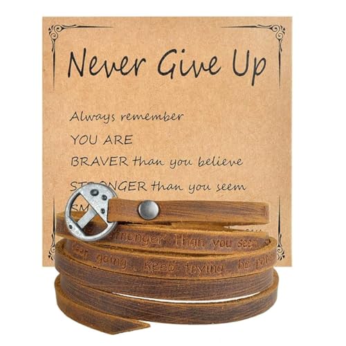 Rantanto Genuine Leather Wrap Bracelets Trendy Western Stackable Cuff Adjustable Boho Layered Bracelet Jewelry For Men Women - color: Brown--Never Give Up