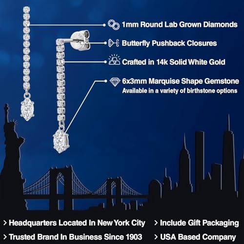 Gem Stone King 14K White Gold Gemstone Birthstone and White Lab Grown Diamond Long Liner Dangle Earrings for Women | Marquise 6X3MM | White Gold Chain Drop Earrings - style: White Moissanite, April