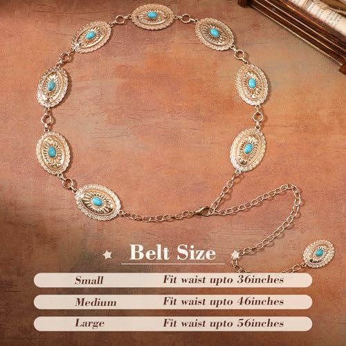 XZQTIVE Women Boho Chain Belts For Dresses Jeans Western Cowgirl Waist Links Belt Adjustable Metal Concho Belt - size: Fit Waist upto 36inches, style: Green Turquoise Matte Gold