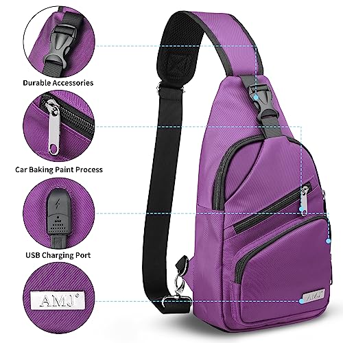 AMJ Crossbody Sling Bag Men Women, Casual Shoulder Backpack, Chest Daypack Satchel for Hiking Travel - color: Purple, size: Large