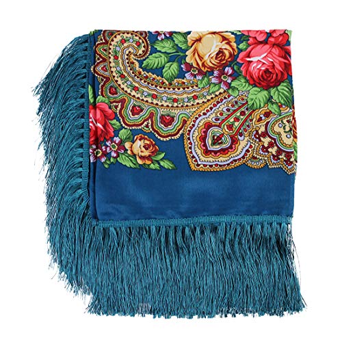 Gudessly Women's Traditional Scarf Wrap Tassel Fringes Neck Head Shawl Retro Scarf Floral Poncho Printing Square Cape 50inch - color: Lake Blue