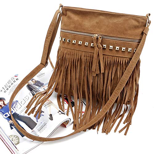 Hoce Women’s Leather Fringe Messenger Bag Large Hobo Crossbody Tassel Shoulder Bags, Gift for Mom Wife Girlfriend - color: E-brown