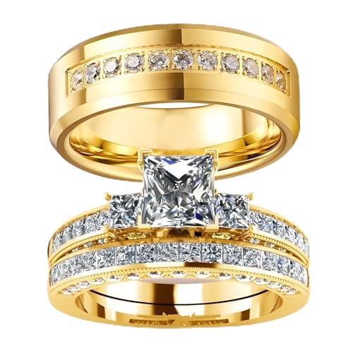 3Pcs Moissanite Wedding Rings Sets for Couples, s925 10K 14K 18K Real Gold Wedding Rings Sets for Him and Her, Customized Matching Engagement Bands Set for Men and Women Free Engraving - style: Style-9