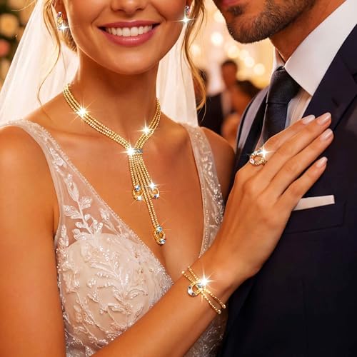 CLOACE Gold Necklace Set Colorful Necklaces and Bracelet Bridal Prom Wedding Jewelry Sets for Women