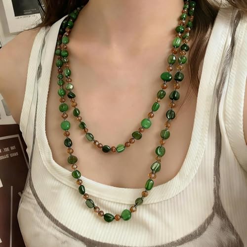 Boho Colorful Seashell Beaded Double Layer Necklace Long Stackable Vacation Necklace Fashion Jewelry Western Gifts - color: A2:green beaded necklace