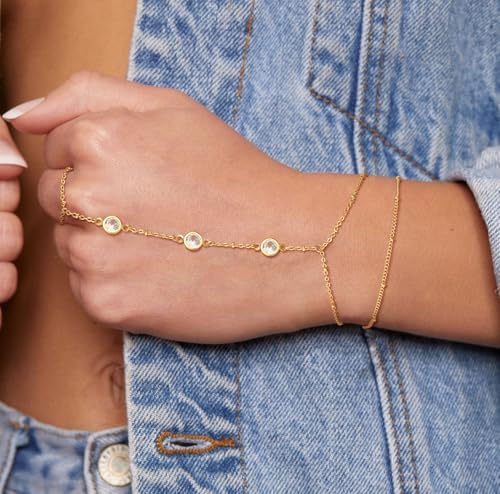 Risamil 14K Gold Plated Hand Chain Bracelets for Women Trendy, Dainty 2PCS Ring Bracelet Hand Chain Finger Bracelets Layered Stackable Link Bracelets for Women Jewelry Gifts for Women - color: BRCZ -03