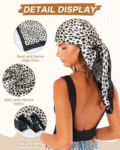 Mesovor 35” Square Head Scarf for Women, 3 Pack Like Silk Satin Headscarf Hair Neck Scarf Top Bandanas for Sleeping - color: Leopard(beige/Brown/Black)