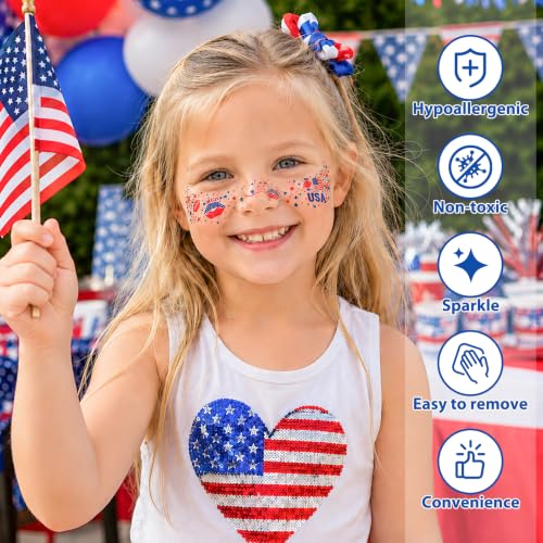 4th of July Red White Blue Glitter Freckles-Patriotic Face Tattoos 24PCS | Waterproof Temporary Tattoos Glitter Fake Freckles Sparkles for Independence Day & Everyday Makeup - color: colorful