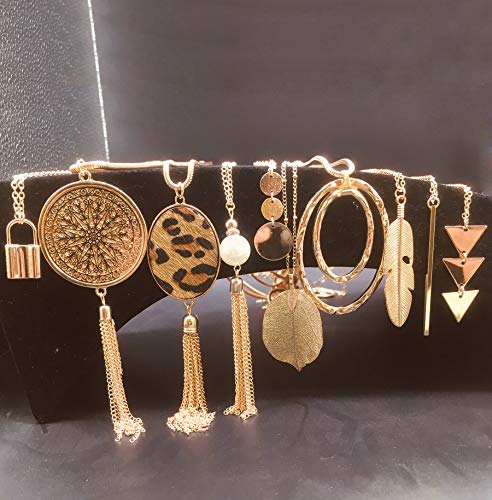 10Pcs Long Pendant Necklace Simple Moon Bar Three Triangle Tassel Lock Sweater Y Shape Punk Chain Choker Necklace for Women Men Gold Silver Plated - style: C:10Pcs Gold Tone
