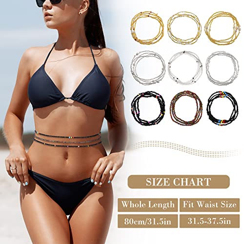 Kigeli 9 Pack Waist Bead Chains for Women Stretchy African Belly Chain Stomach Beads Body Bikini Jewelry (Clear, Black, Gold)