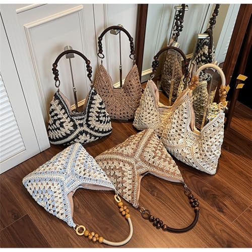 OANEXX Summer Straw Hobo Bags for Women Boho Woven Mesh Beach Tote Bag Large Capacity Crochet Vacation Shoulder Handbag - color: Blue