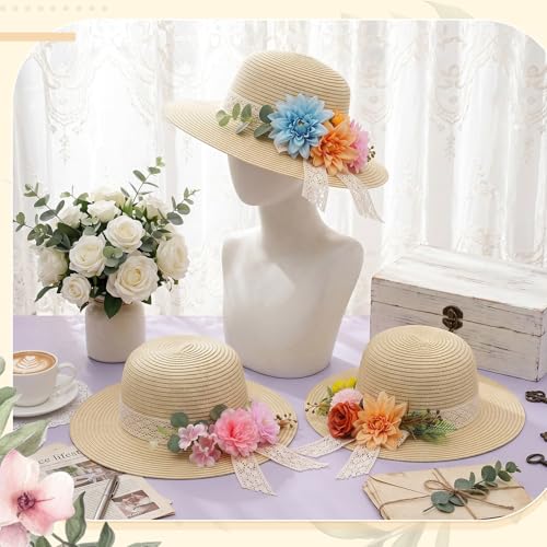 6 Sets DIY Tea Party Straw Hats Kit DIY Straw Hat for Women Blank Sun Hats - style: French Flat Brim