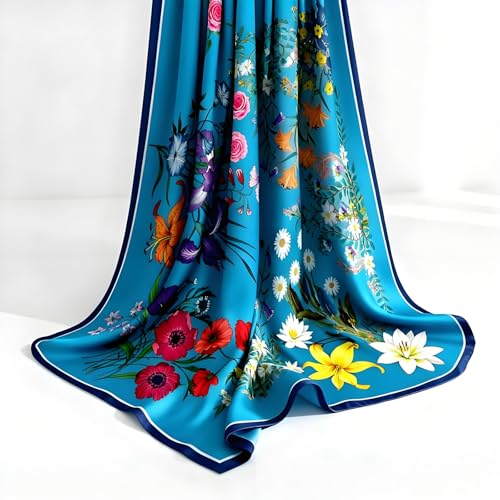 Premium Floral Scarf for Women 35x35 Square Silk Feel-Lightweight Scarves Headscarf Bandanas Wrapping Handbag - color: Blue Blossom