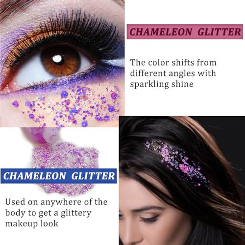 MEICOLY Chameleon Light Purple Hair Glitter,Holographic Chunky Face Body Glitter,Color Changing Mermaid Face Glitter,Self-adhesive Glitter Sequin for Face Body Hair,Festival Party Cheer Glitter Makeup - color: chameleon light purple body glitter