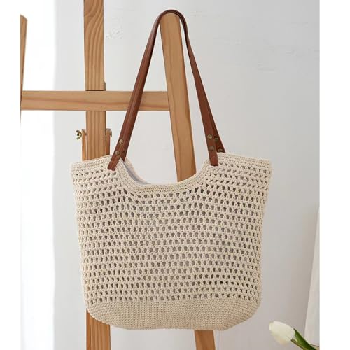 Cotton Fibre Crochet Beach Tote Bag for Vacation,Bohemian Cotton Hobo Shoulder Bag Casual Woven Purse for Women - color: Beige Shoulder Bag - 3