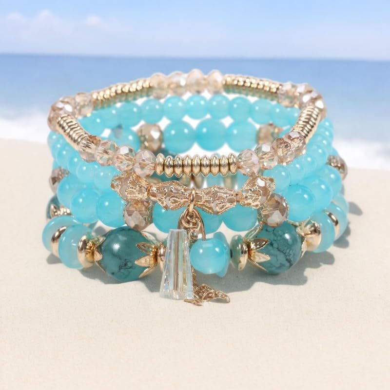 Caiyao 4Pcs Bohemia Multilayer Stackable Beaded Bracelets Set Colorful Crystal Stone Gold Beaded Stretch Bracelets Hawaii Charm Bracelet for Women Men Summer Beach Boho Vacation Jewelry Gifts - color: Blue