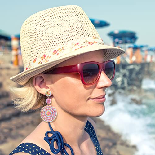 Boho Raffia Ball Earrings for Women, Handmade Statement Drop Earrings Straw Dangle Earrings Beach Vacation Jewelry - color: Colorful