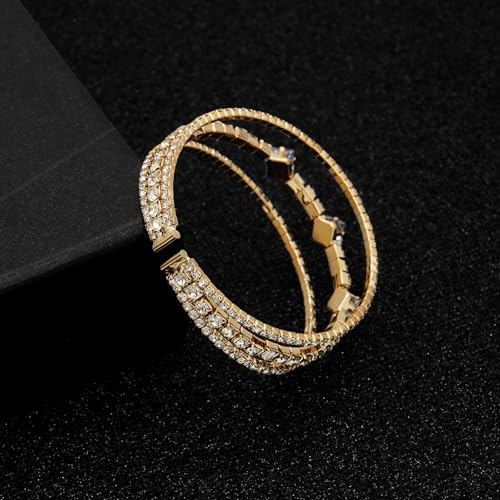 Women's Multi-Layer Rhinestone Cuff Bracelet Sparkling Crystal Tennis Bangle for Bridal Wedding Party - color: 1146 Gold