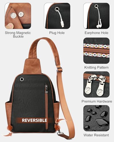 FADEON Large Sling Bag for Women, Leather Crossbody Purse Designer Anti Theft Sling Backpack, RFID Fanny Packs for Travel - color: Retro Black With Brown