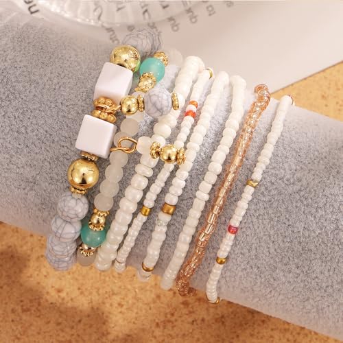 IFKM 8PCS Beaded Bracelets for Women, Multilayered Stackable Strand Stretch Bead Bracelet Pack Handmade Trendy Bohemian Charm Jewelry - color: White