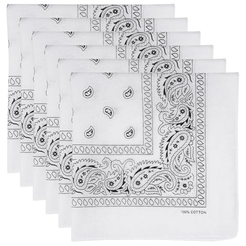 6 Pack Pure Cotton Bandana, Multi-Purpose Square Handkerchief, Face Mask headband for Men and Women - color: White